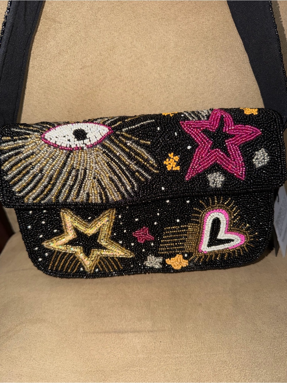 Black Beaded Crossbody with Pink & Gold Star and Heart Embellishments